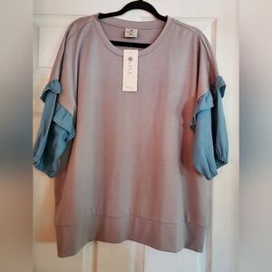 Laurie FELT Tan and Blue Boxy 3/4 Sleeve Sweatshirt XL